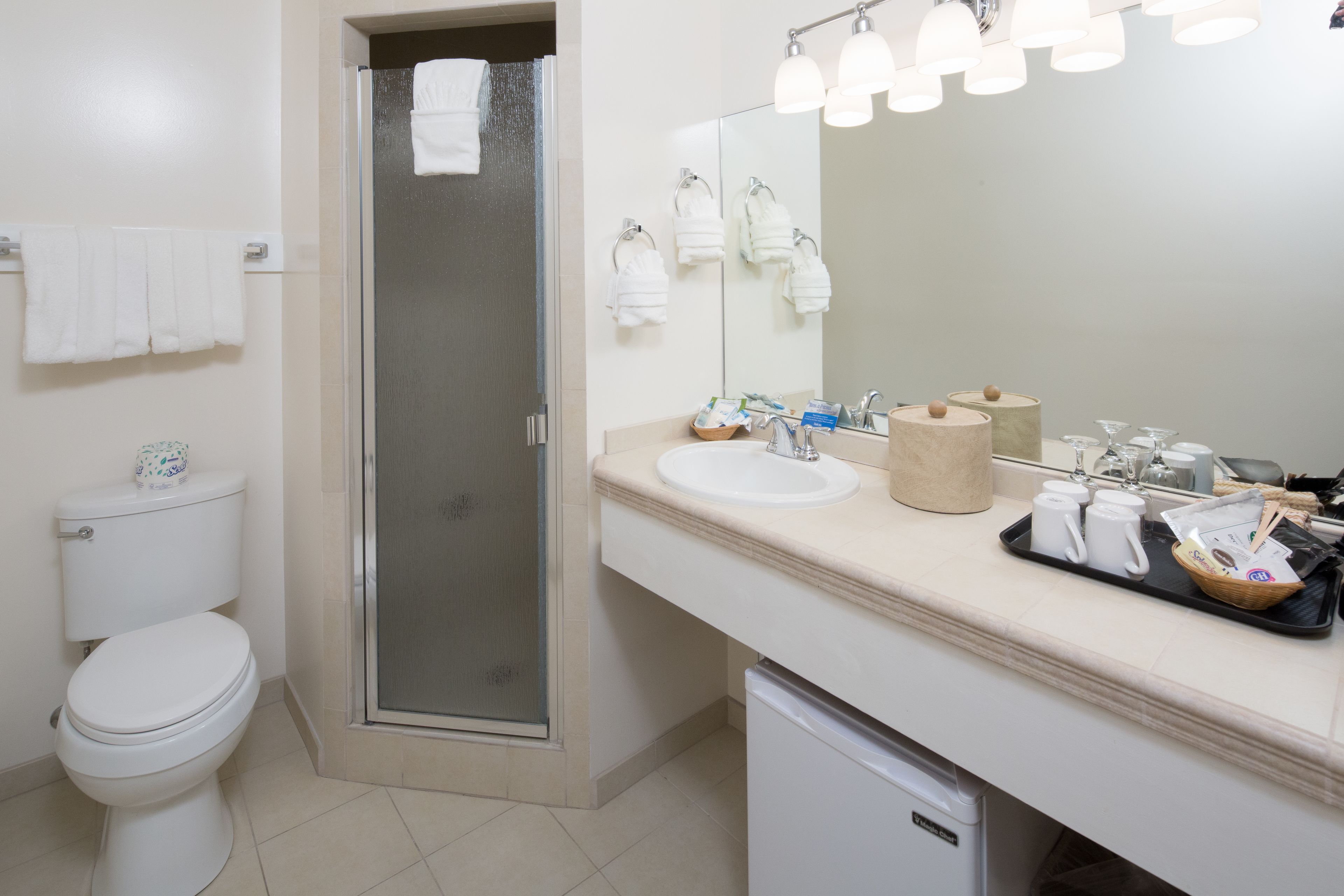 free toiletries, hair dryer, towels