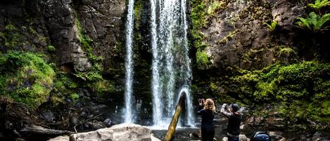 A waterfall surrounded by rocks and greenery.