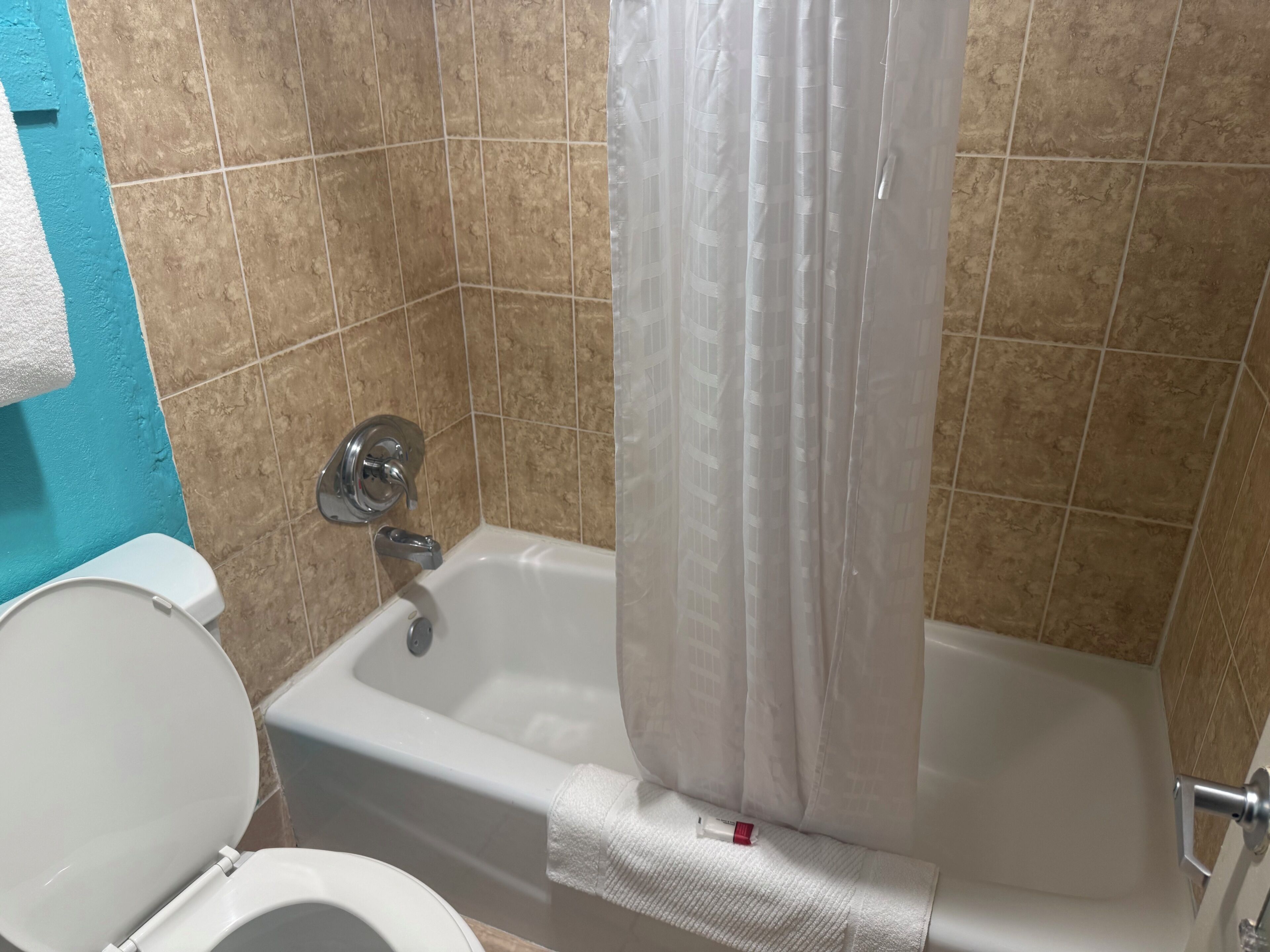A bathroom with a bathtub, toilet, and shower curtain.