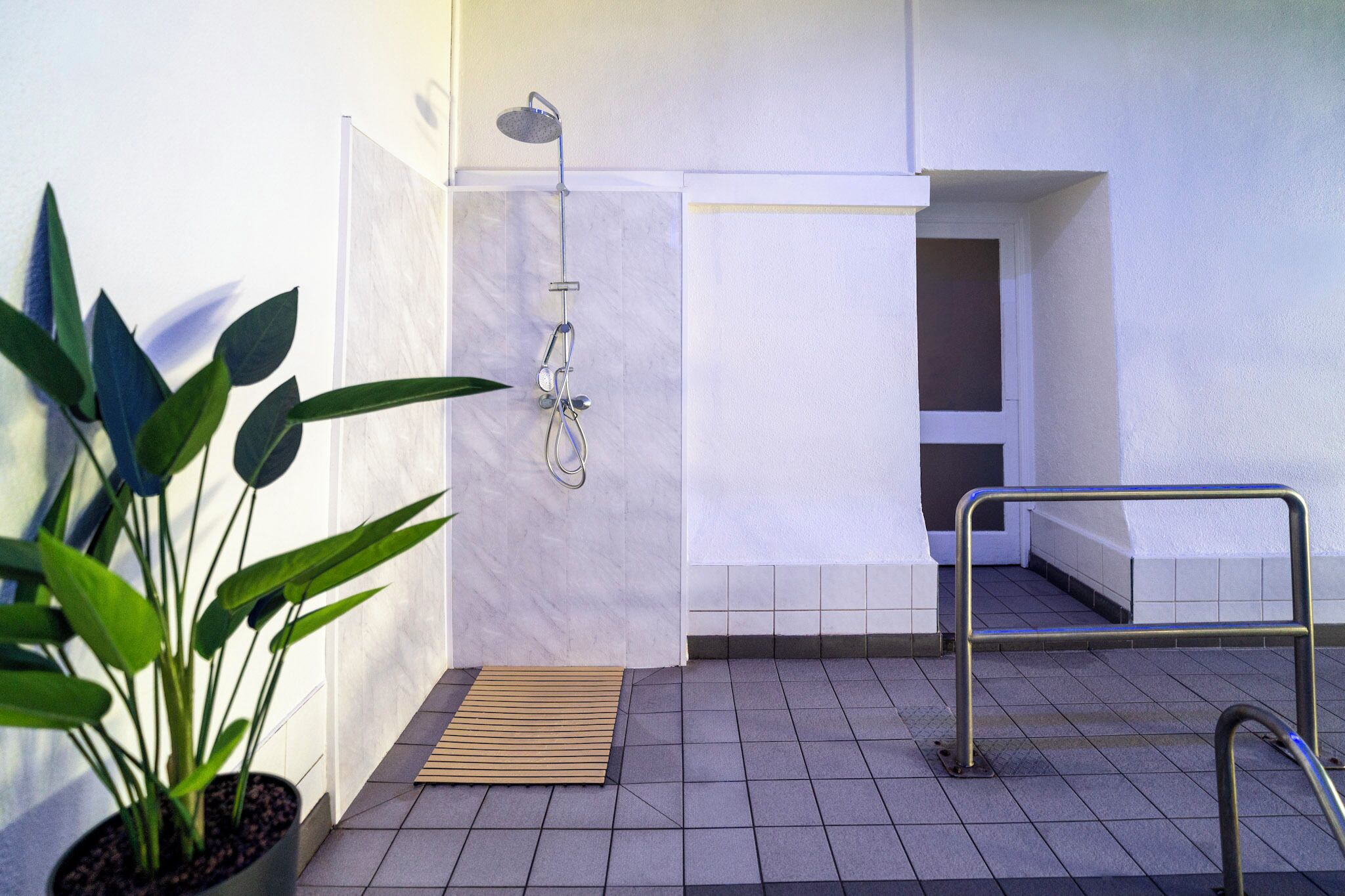 Un área de ducha moderna con cabezal de ducha de mano, un banco y una planta en maceta.