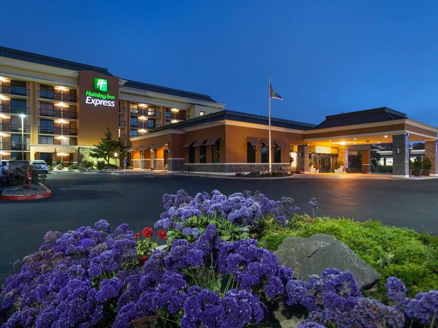 Edifício Holiday Inn Express com estacionamento e área ajardinada com flores roxas.