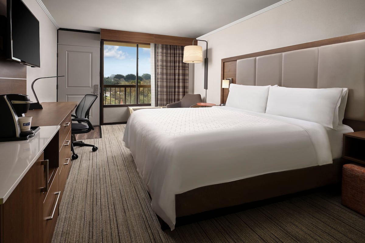 A hotel room with a large bed, a desk with a computer, a chair, a TV mounted on the wall, and a window with a view of trees.