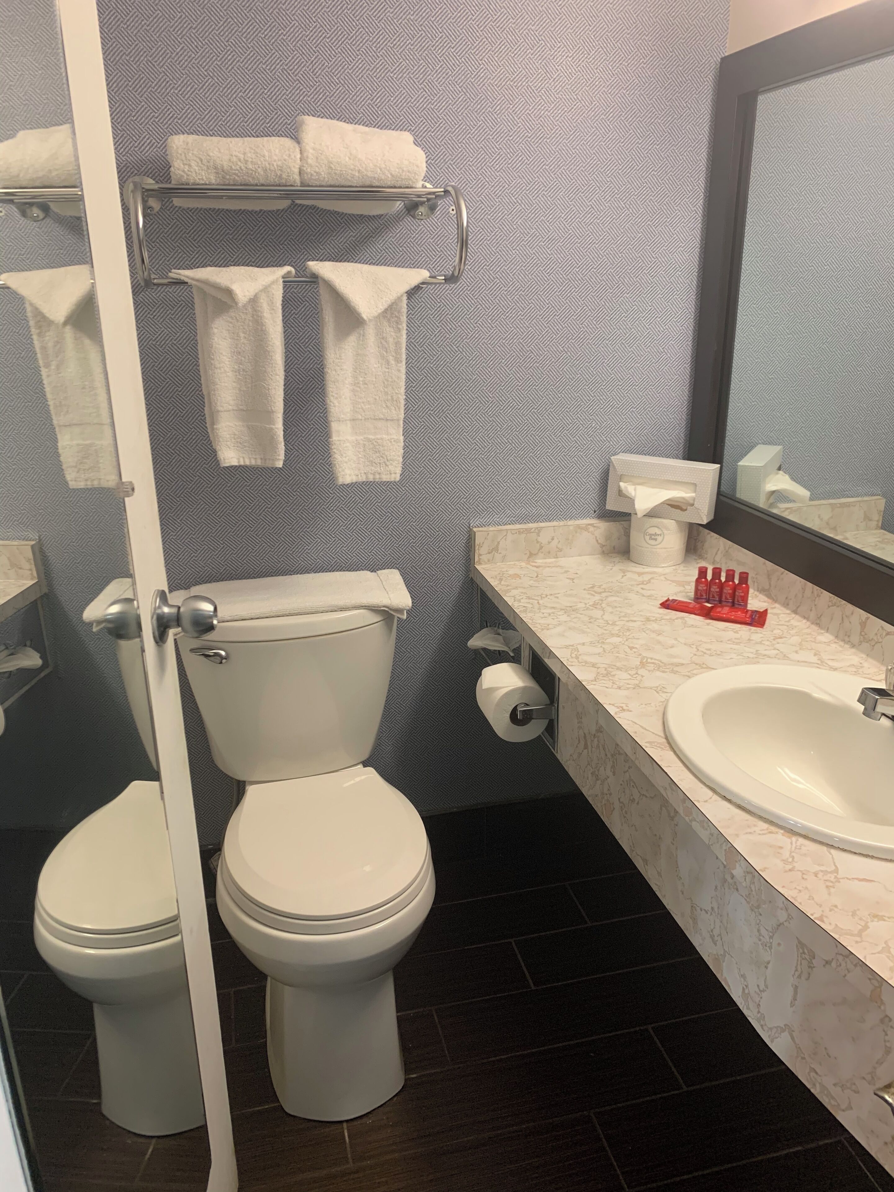 A bathroom with two toilets, a sink, a mirror, and a towel rack with towels.