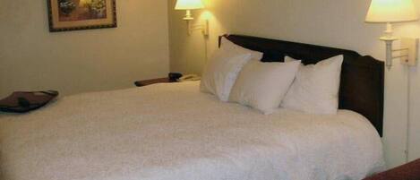 A standard hotel room with a large bed, two bedside lamps, a nightstand, and a framed picture on the wall.