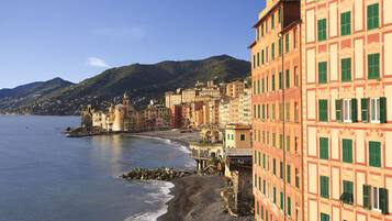 A coastal town with buildings along the beach and a mountain in the background.
