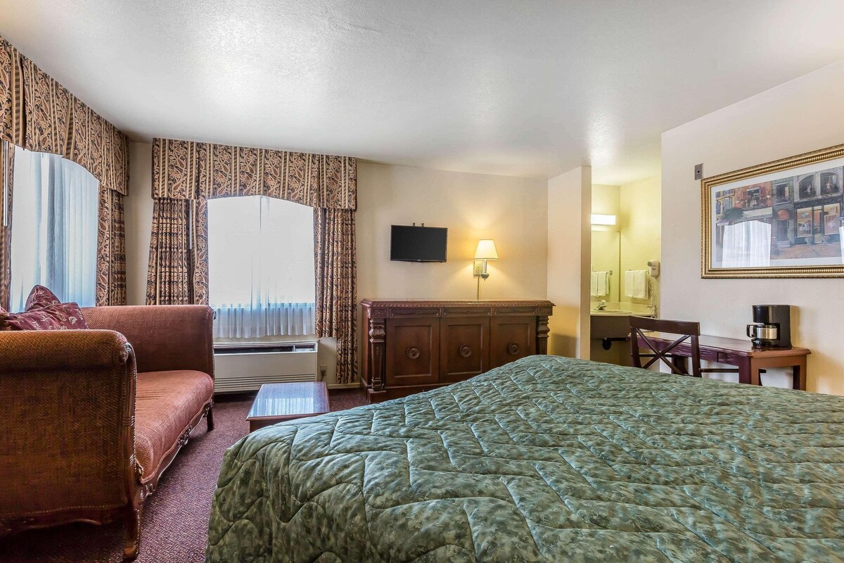 A hotel room with a large bed, a sofa, a desk with a lamp, a television, and a window with curtains.