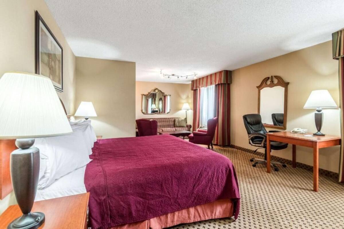 A hotel room with a bed, desk, chair, and a mirror.