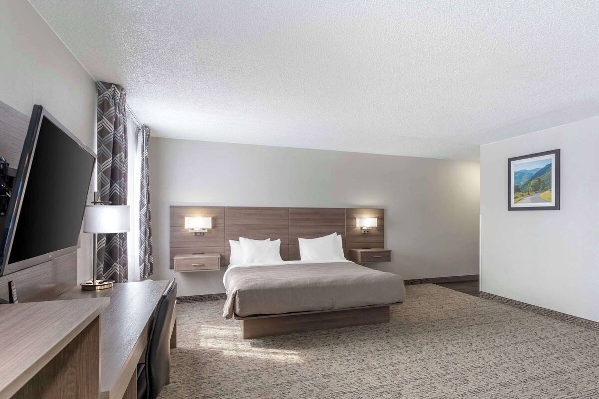 A hotel room with a bed, bedside tables, a TV, and a lamp.
