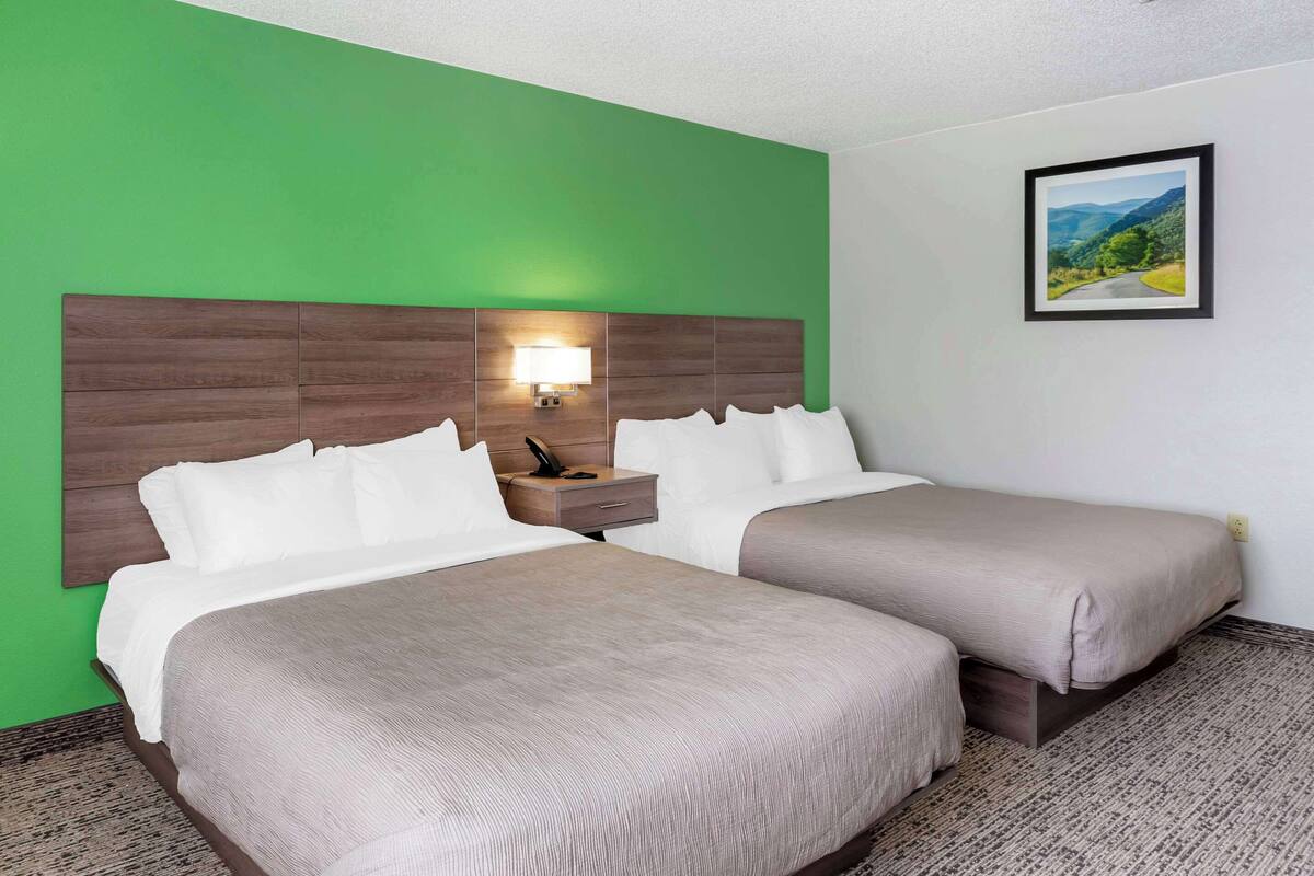 A hotel room with two beds, a green wall, a framed picture, and a nightstand with a lamp.
