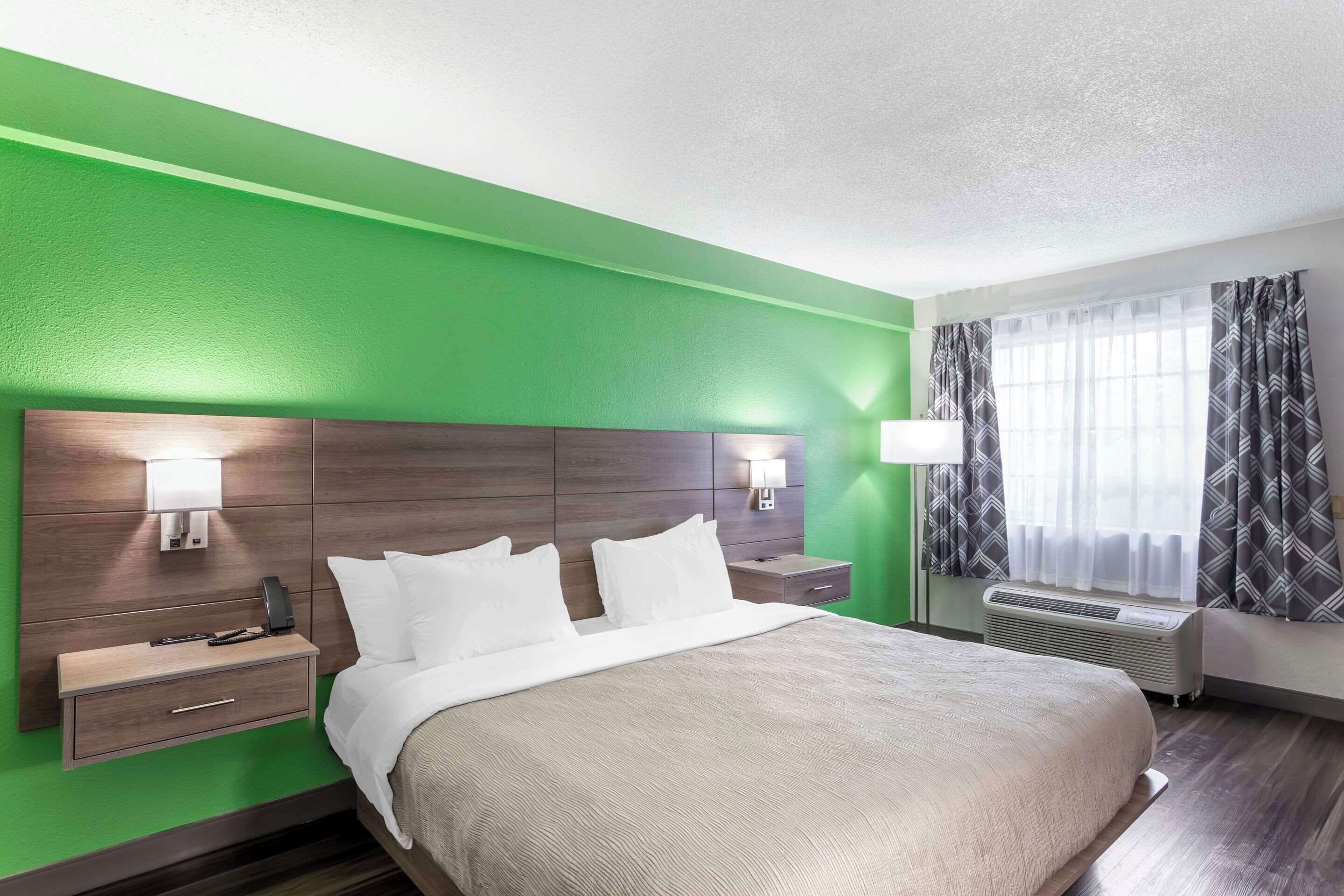 A hotel room with a green wall, a wooden headboard, a bed with white bedding, a bedside table with a lamp, and a window with curtains.