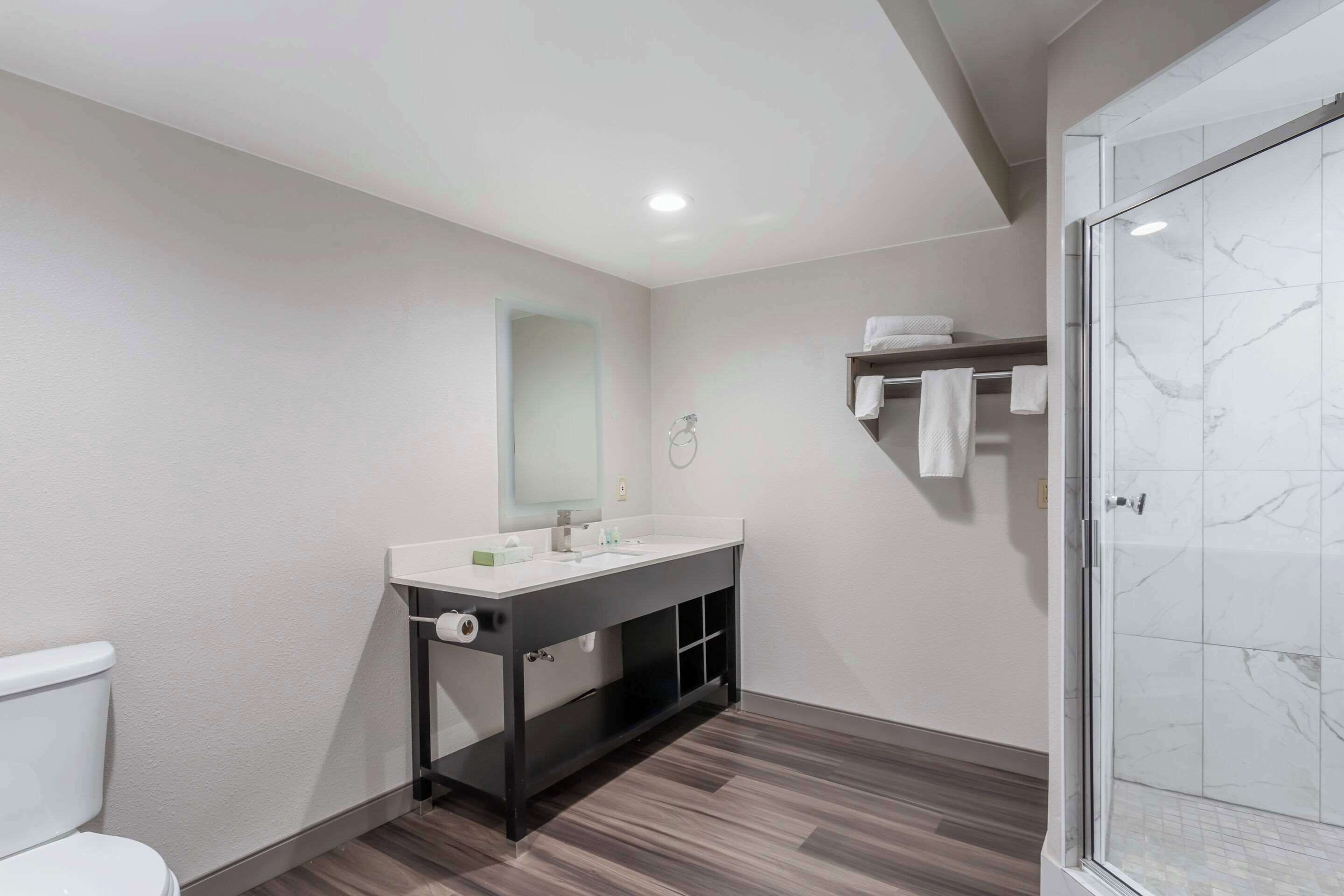 A modern bathroom with a toilet, a sink with a mirror, a shower with a glass door, and a towel rack.