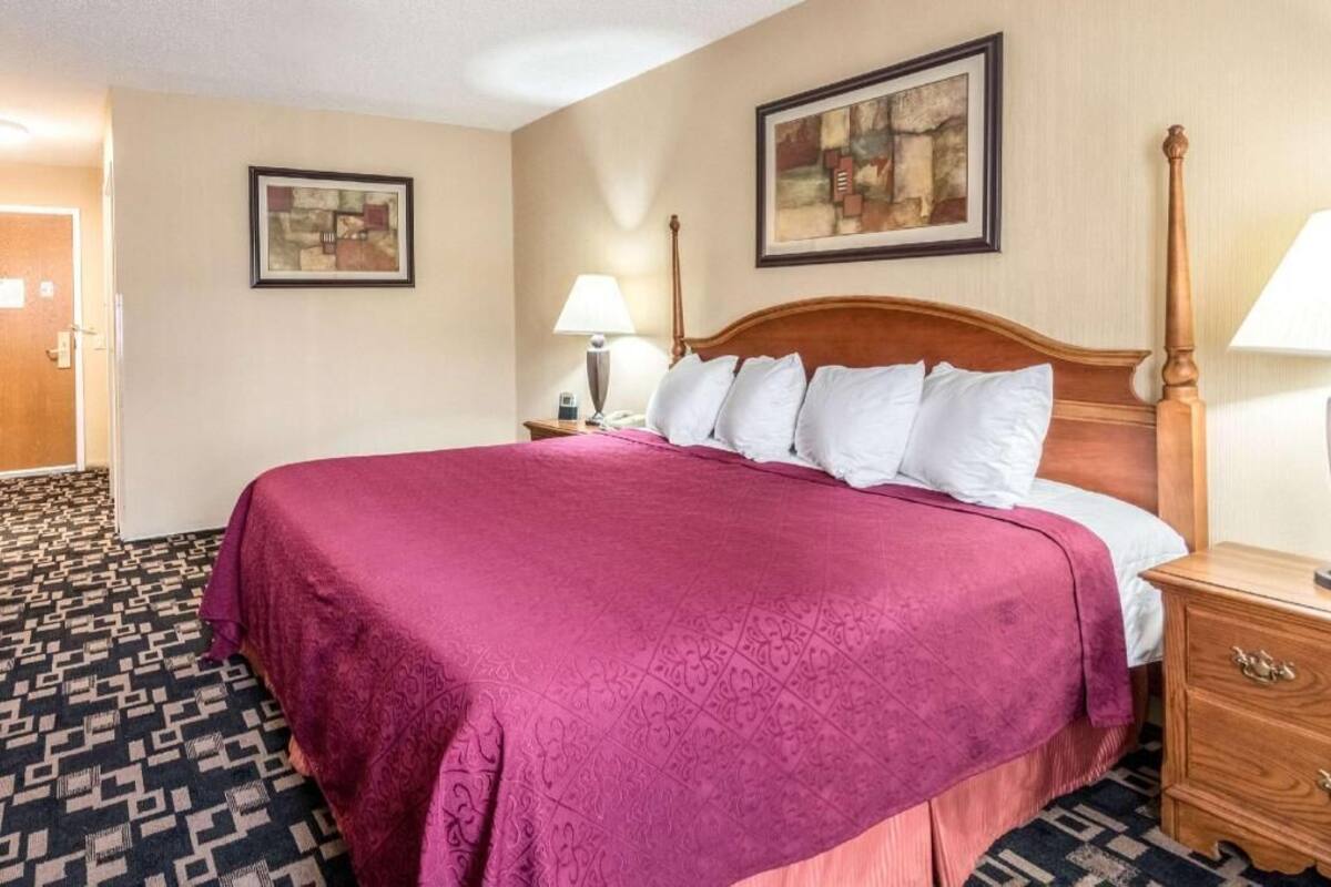 A hotel room with a large bed, a wooden headboard, two bedside tables with lamps, a patterned carpet, and two framed artworks on the walls.