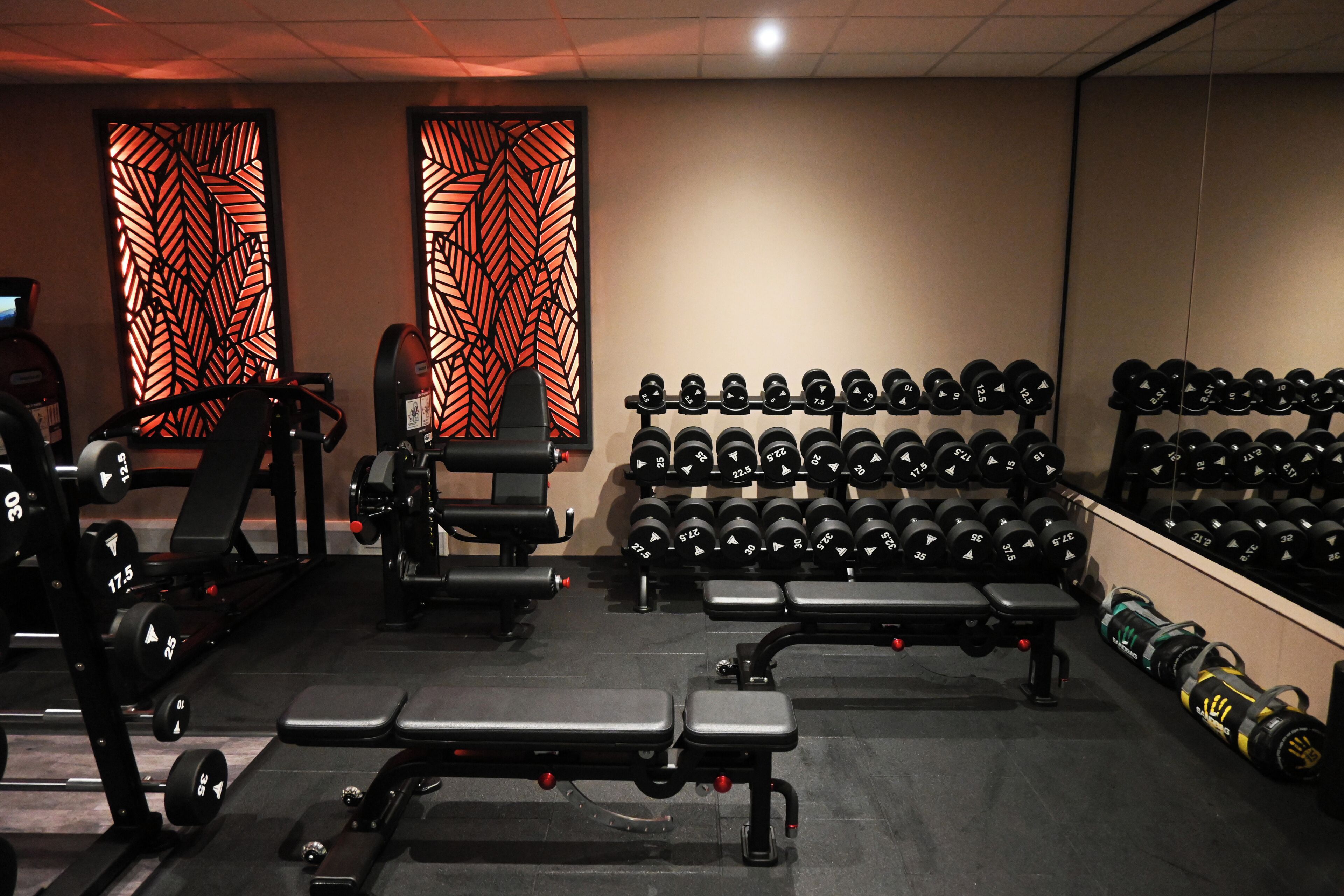 A gym with various exercise equipment, including dumbbells, benches, and weight machines.