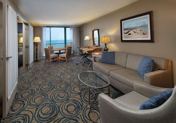 Premium bedding, pillowtop beds, in-room safe, desk at Hilton Daytona Beach Oceanfront Resort