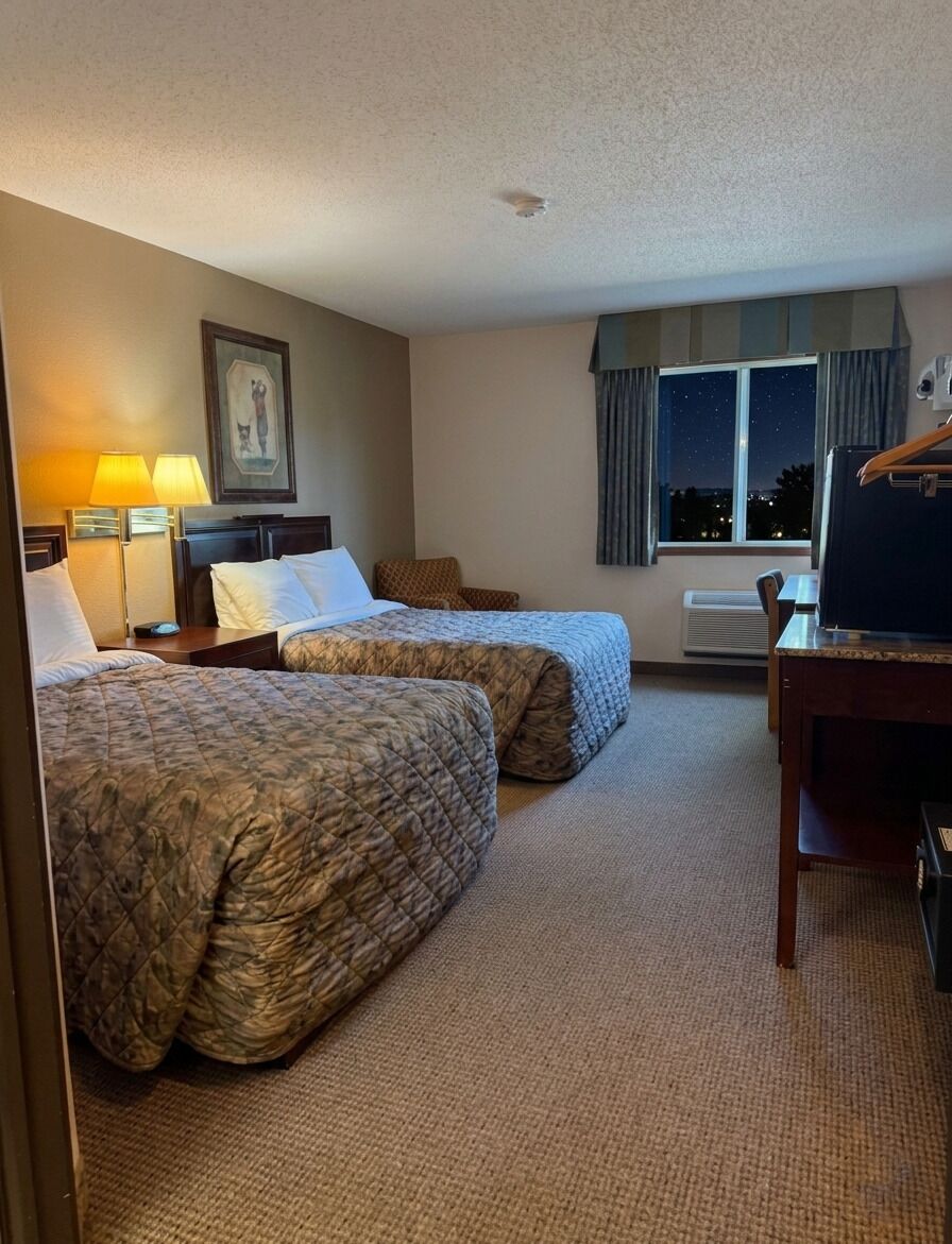 Pelican Lake Double Queen | Down comforters, desk, blackout drapes, soundproofing