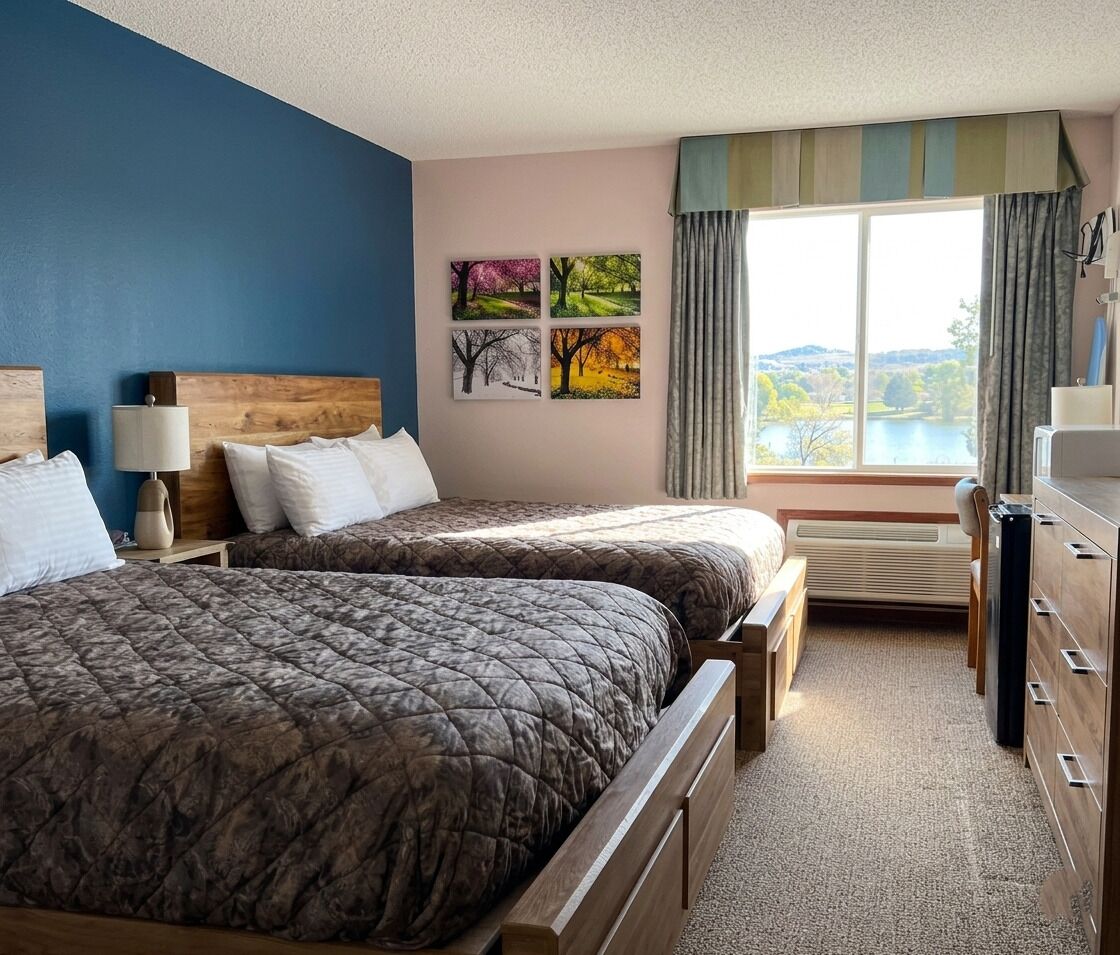 Pelican Lake Double Queen | Down comforters, desk, blackout drapes, soundproofing