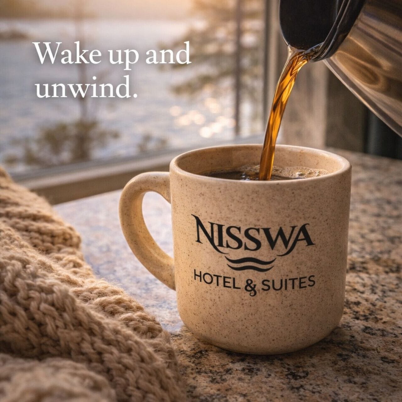 Una taza de Nisswa Hotel & Suites con asa, sobre una encimera de granito.