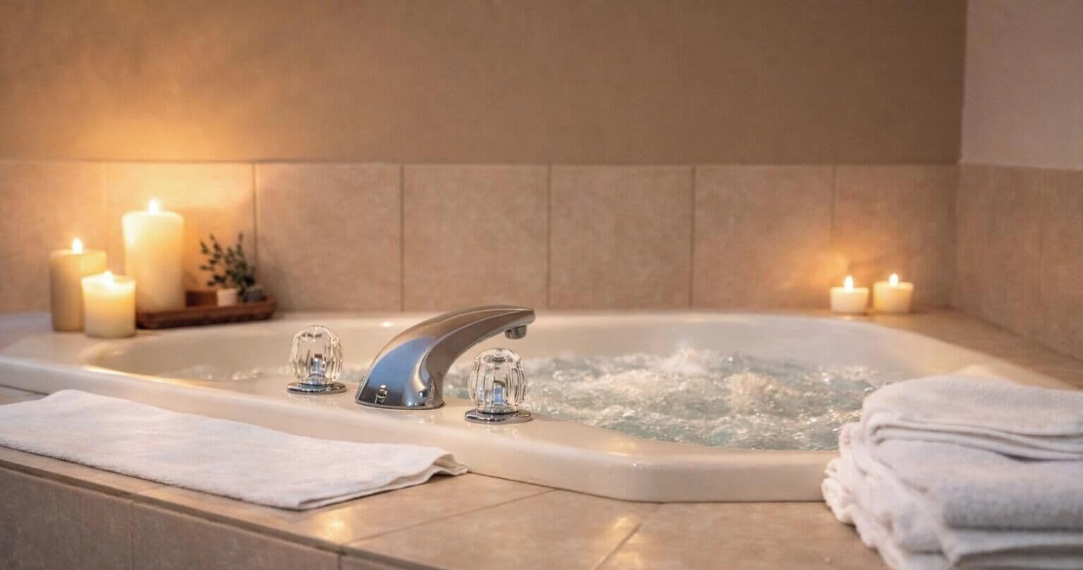 A spa bathtub with a modern faucet, surrounded by candles and a stack of towels.