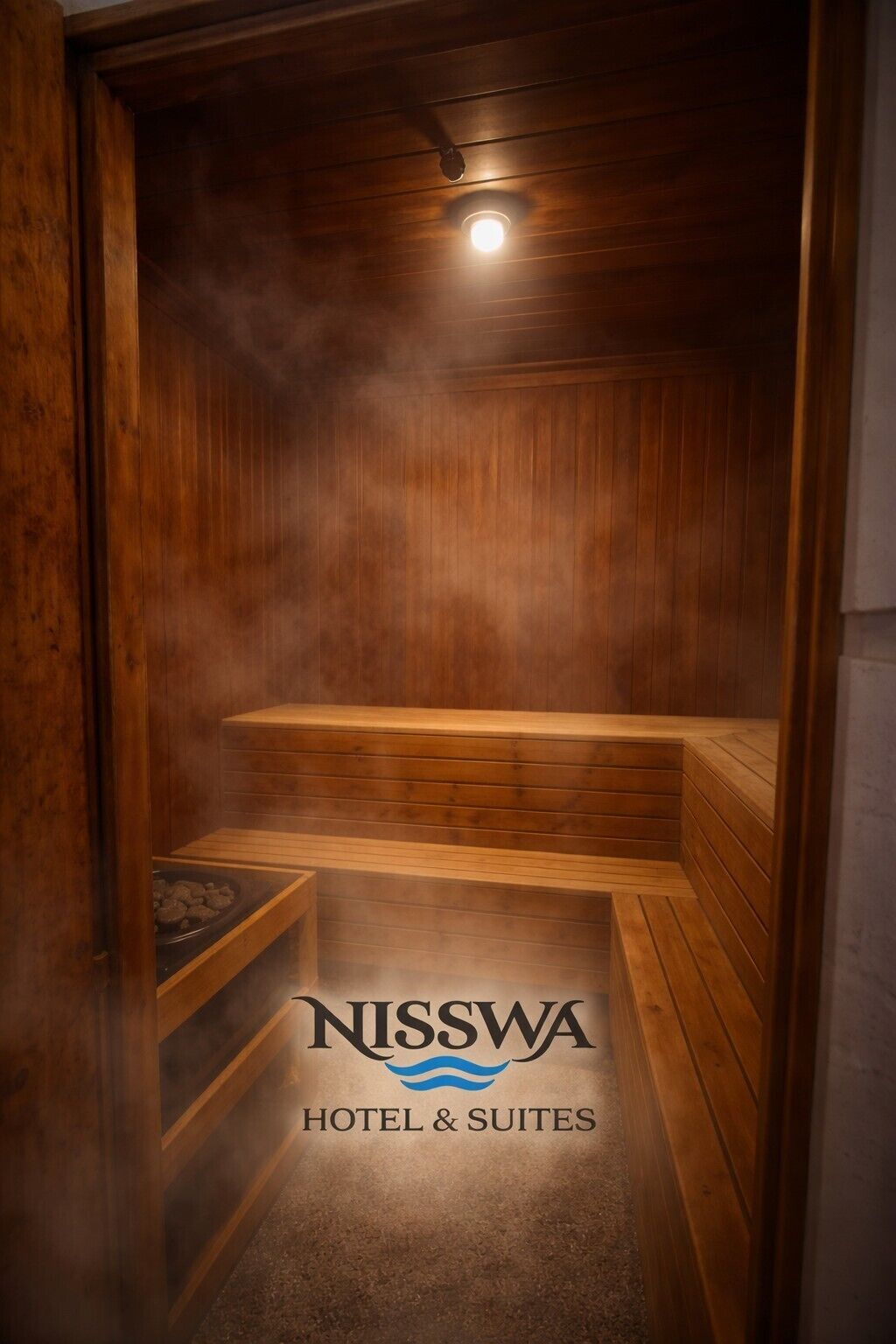 A sauna room with wooden benches and a visible logo for Nisswa Hotel & Suites.