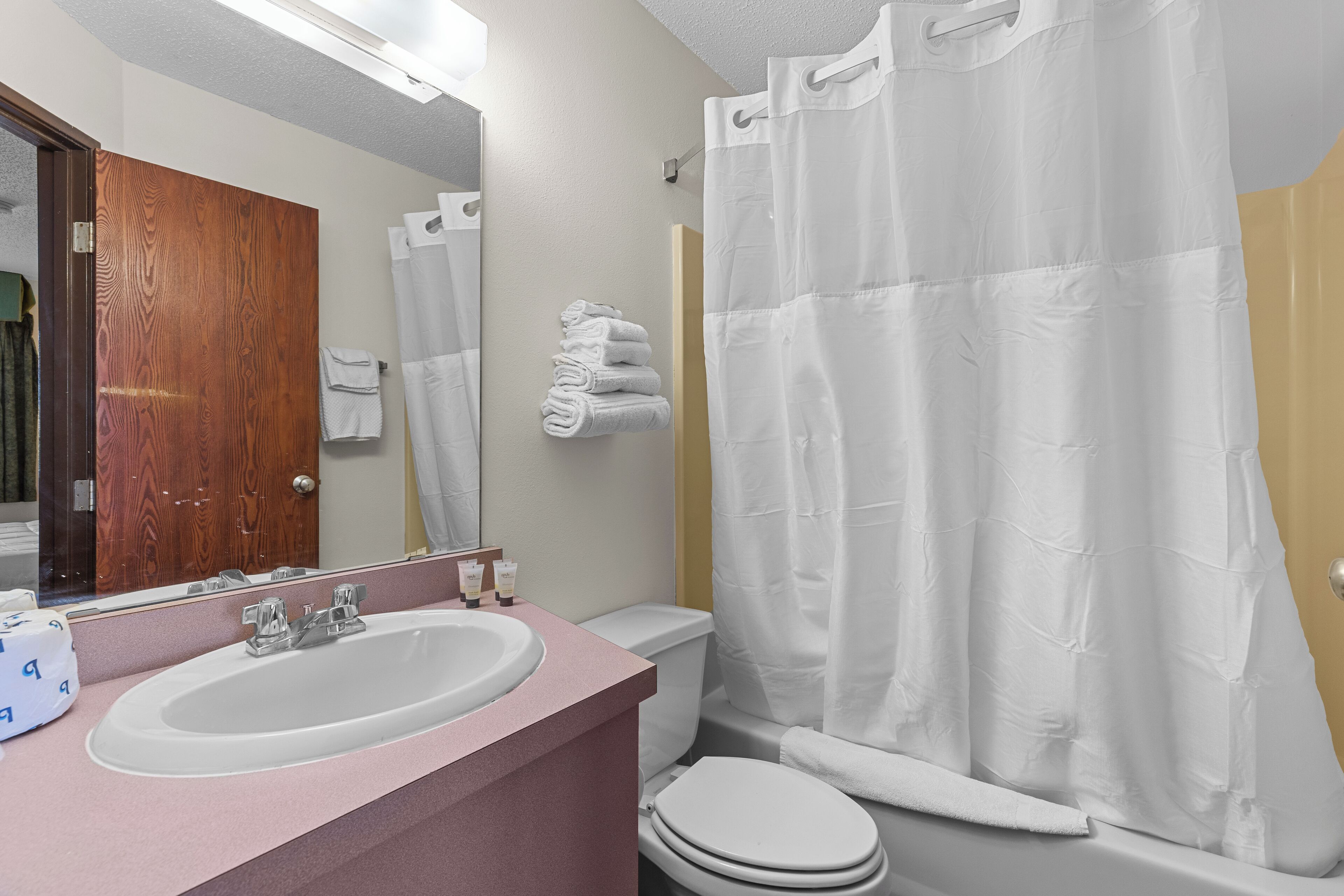 A bathroom with a sink, mirror, toilet, and shower curtain.