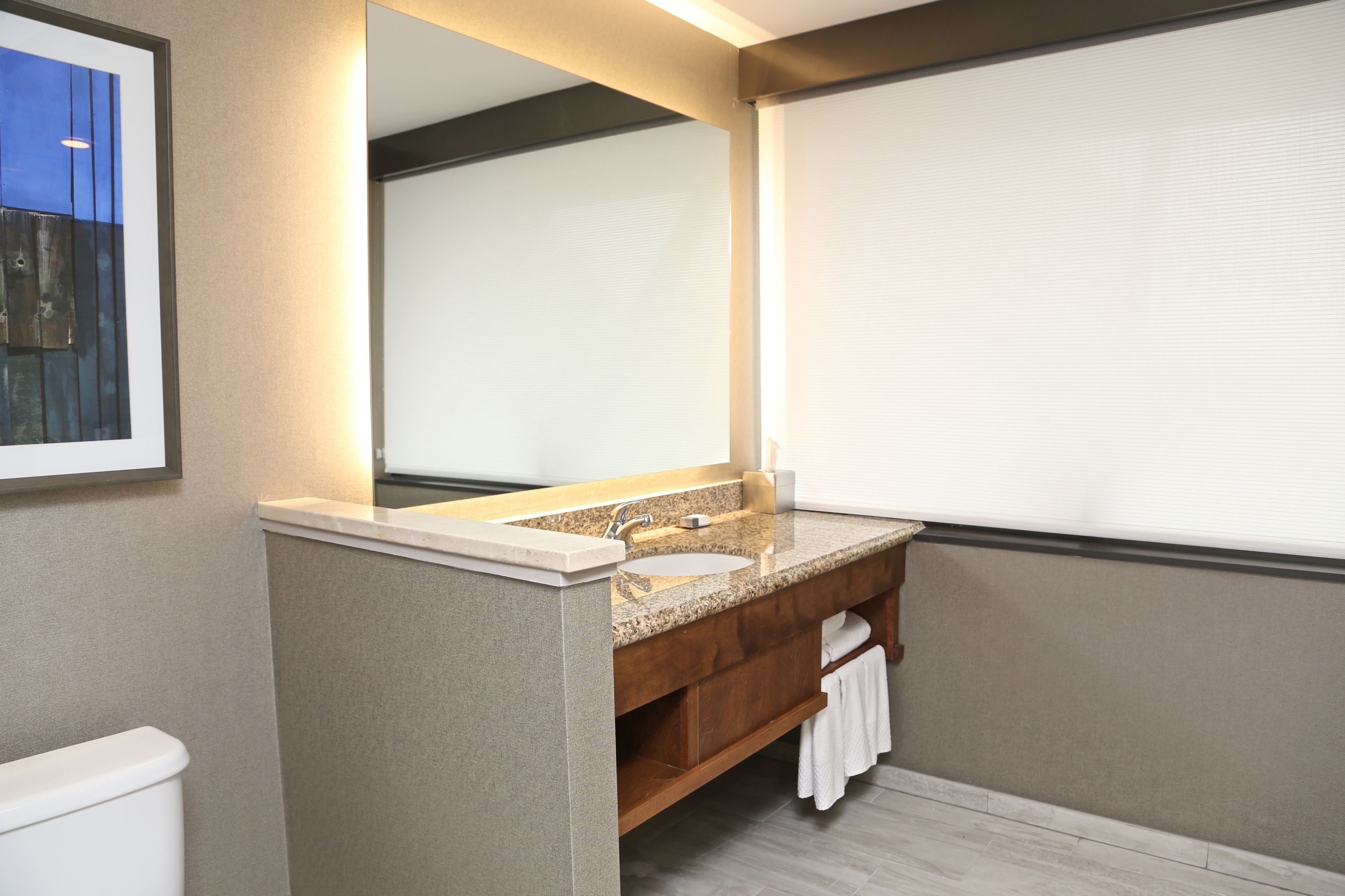 A bathroom with a granite sink, wooden vanity, and a large mirror.