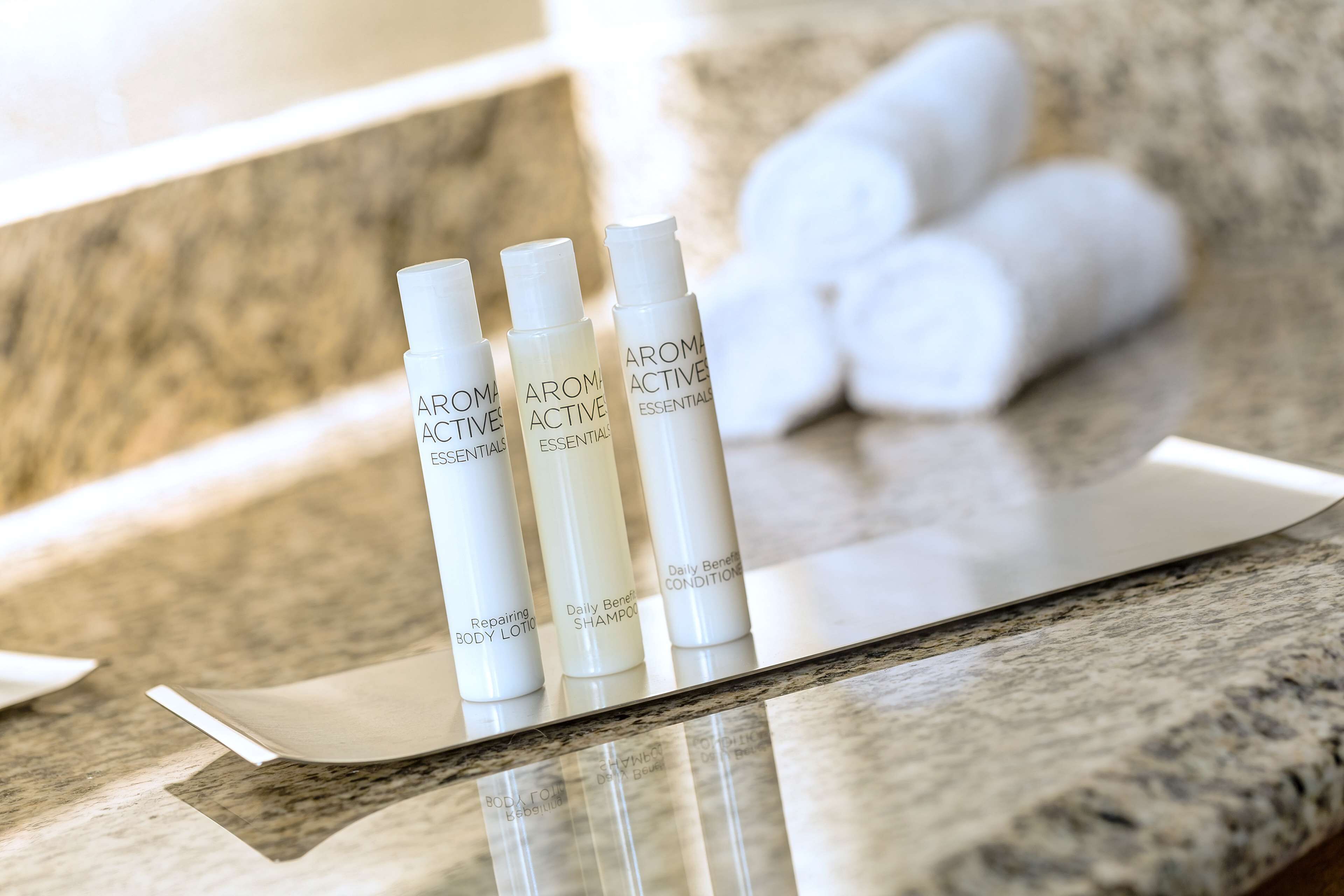 hair dryer, towels, soap, shampoo