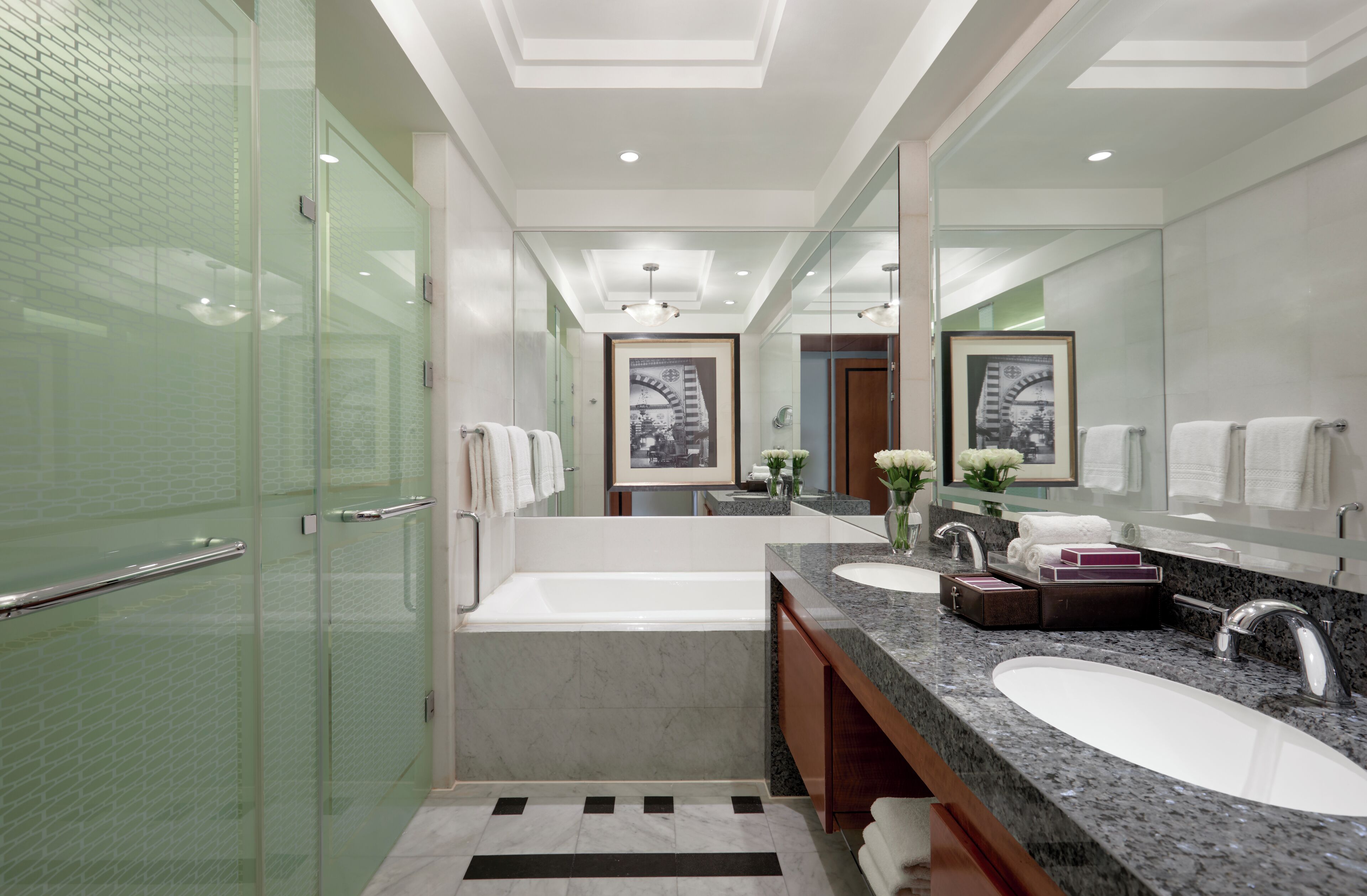 separate bathtub and shower, deep-soaking bathtub, rainfall showerhead