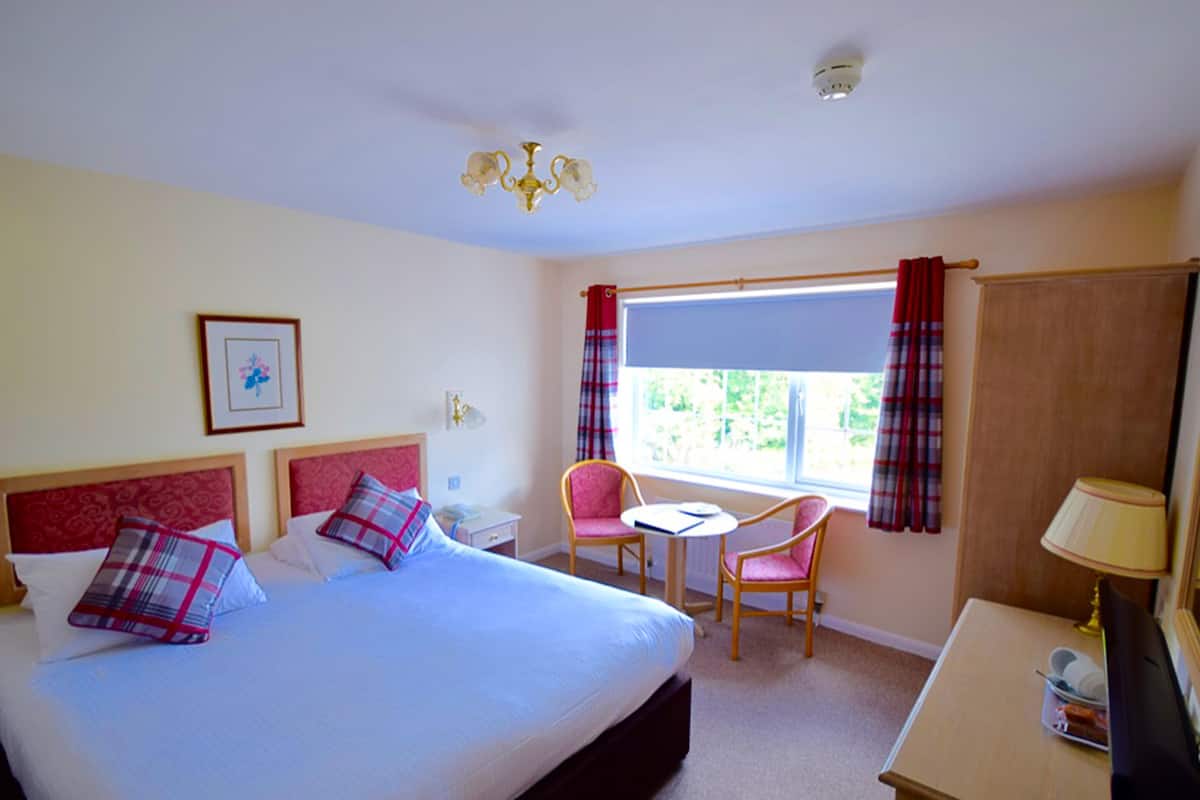 A hotel room with a large bed, two bedside tables, a desk with a chair, a window with curtains, and a ceiling light fixture.