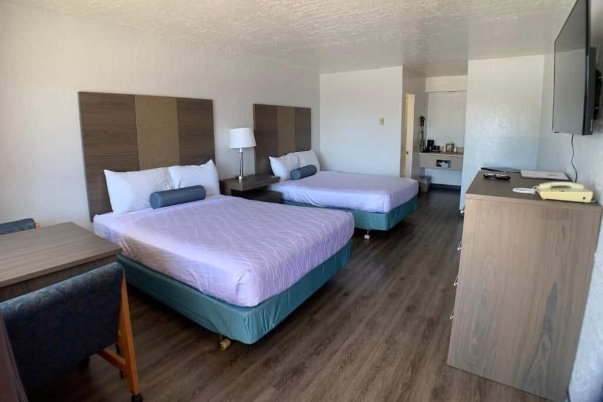 Ein Hotelzimmer mit zwei Betten, einem Schreibtisch, einem Stuhl, einem Fernseher und einem kleinen Schrank.