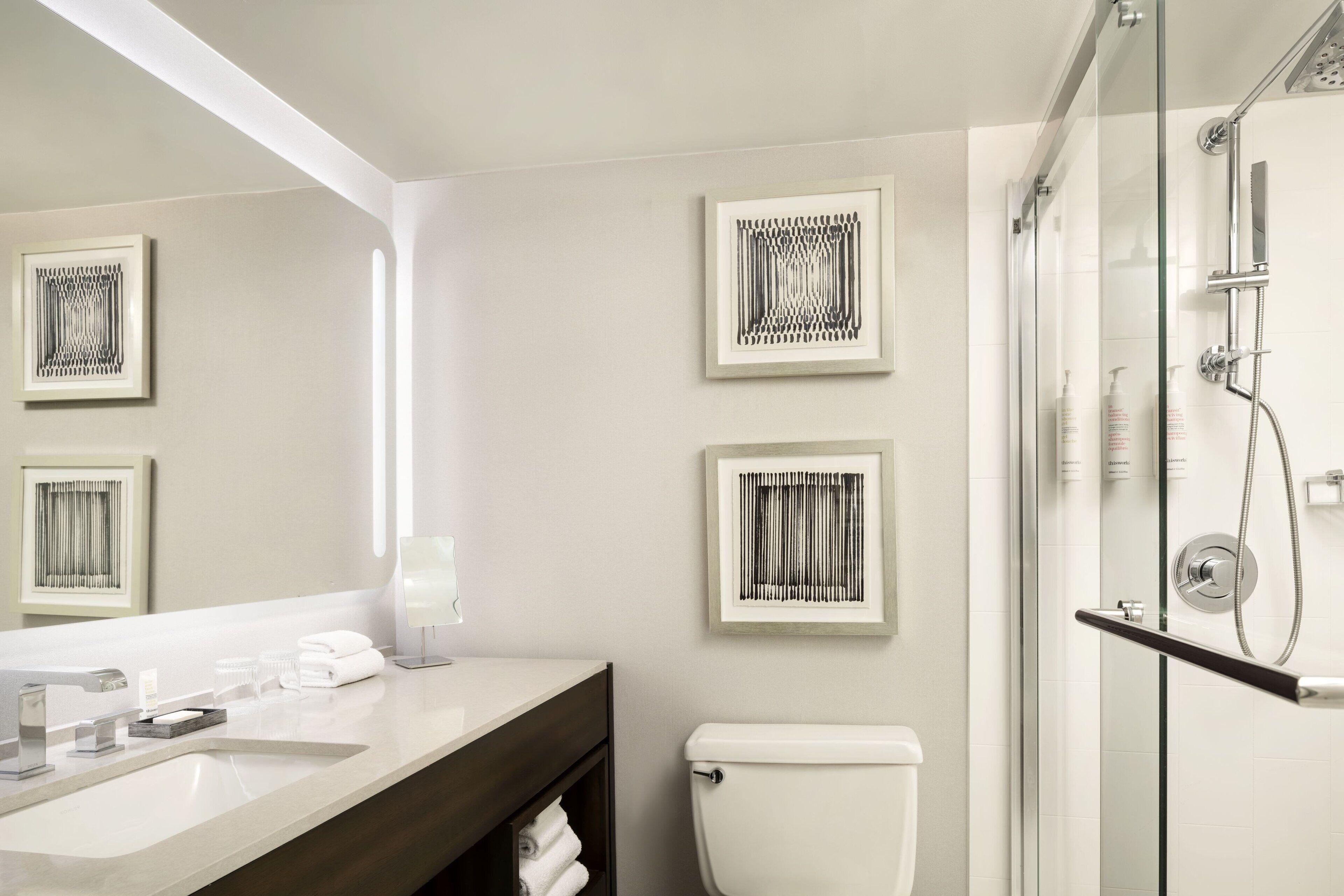 combined shower/bathtub, designer toiletries, hair dryer, towels