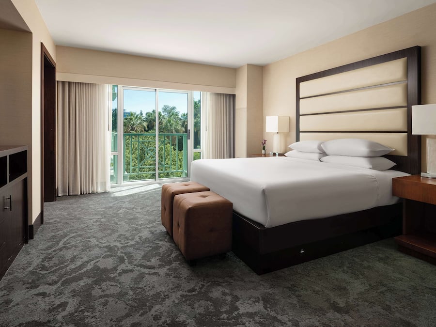 A hotel room with a large bed, a TV, a desk with a lamp, and a view of greenery through the window.