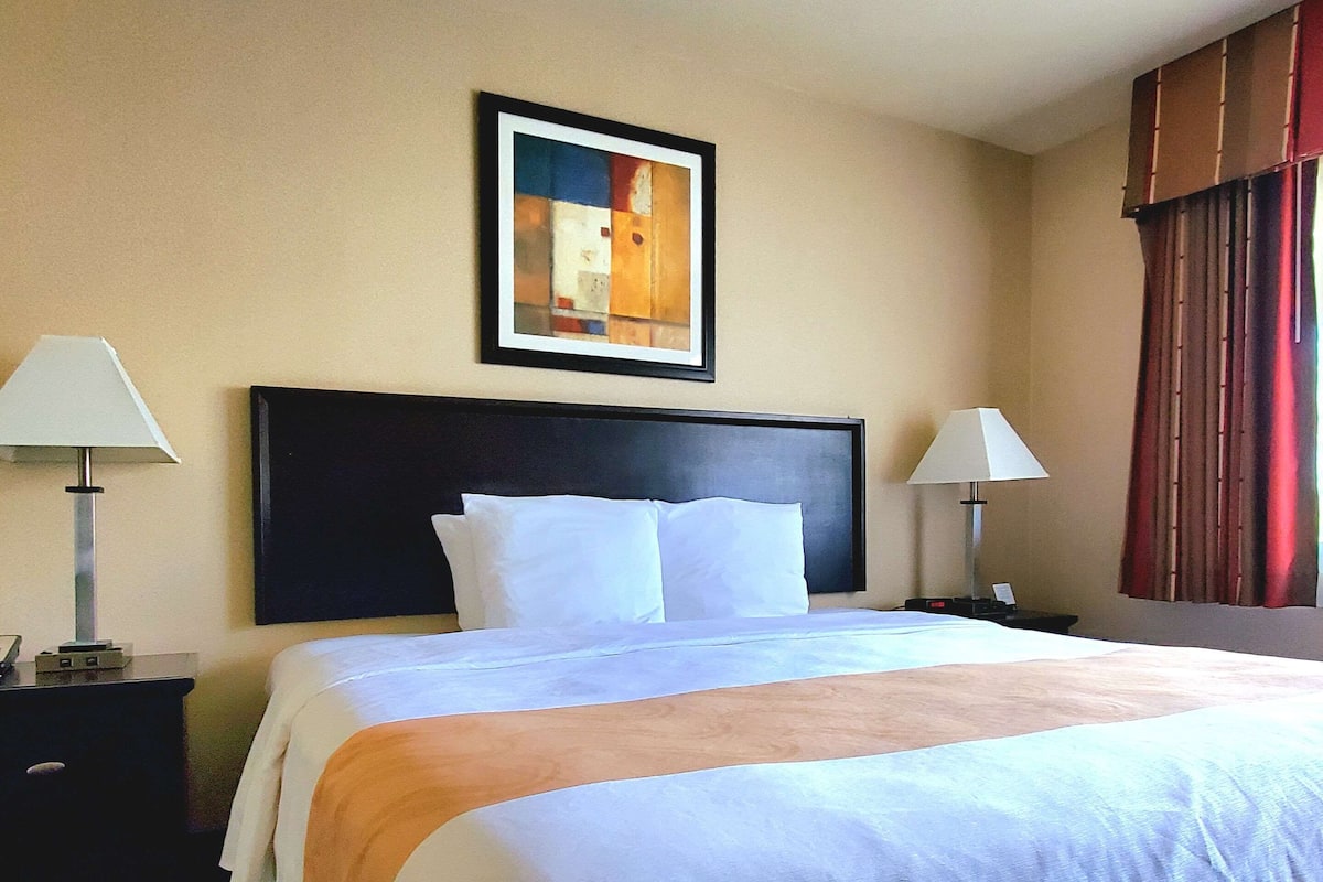 Une chambre d’hôtel avec un grand lit, deux tables de chevet avec des lampes, un tableau abstrait encadré au mur et une fenêtre avec des rideaux.