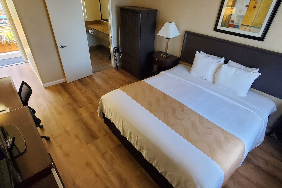 Standard Room, 1 King Bed, Accessible Roll-In Shower, Non Smoking | Desk, laptop workspace, blackout curtains, iron/ironing board