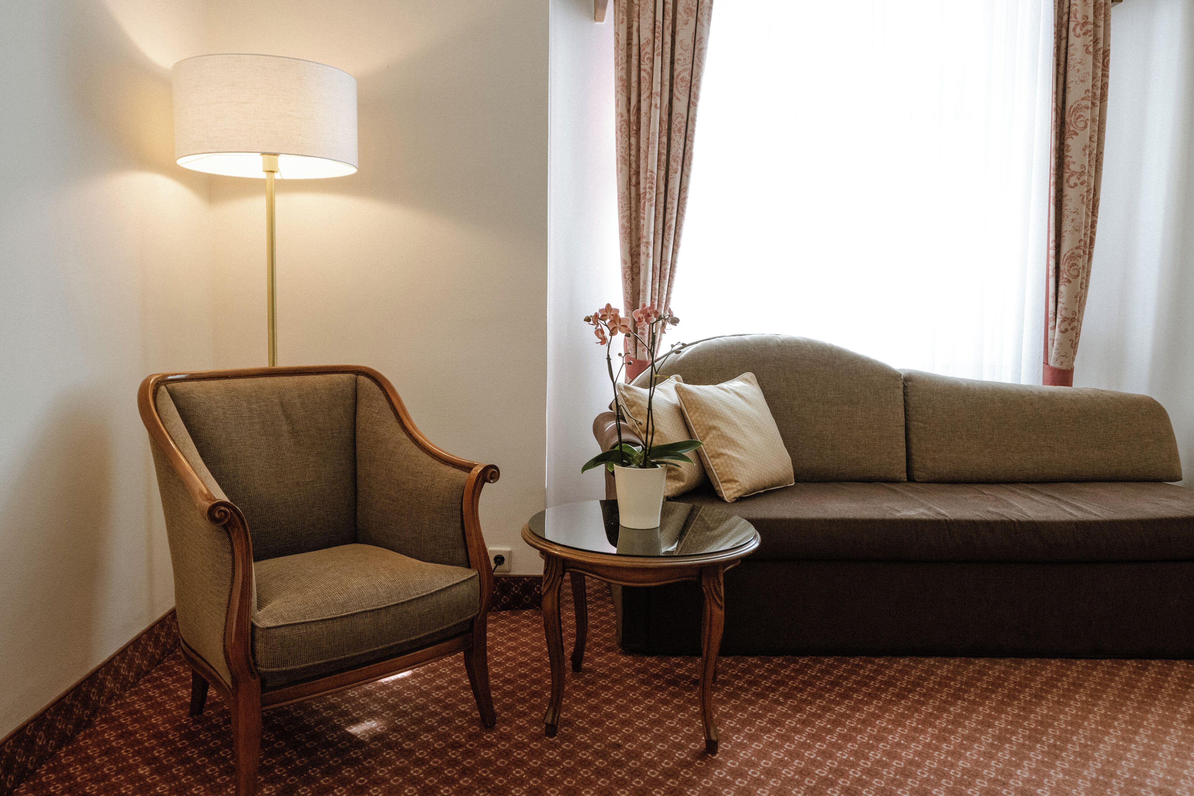 A room with a wooden chair, a sofa, a small table with a lamp, and a potted plant.