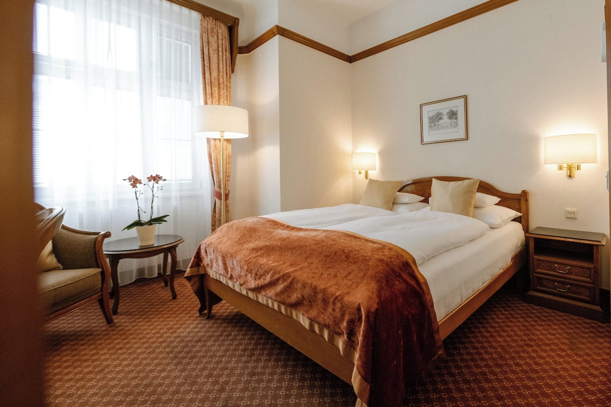 A hotel room with a large bed, two bedside tables, a chair, a small table with a plant, and a window with curtains.