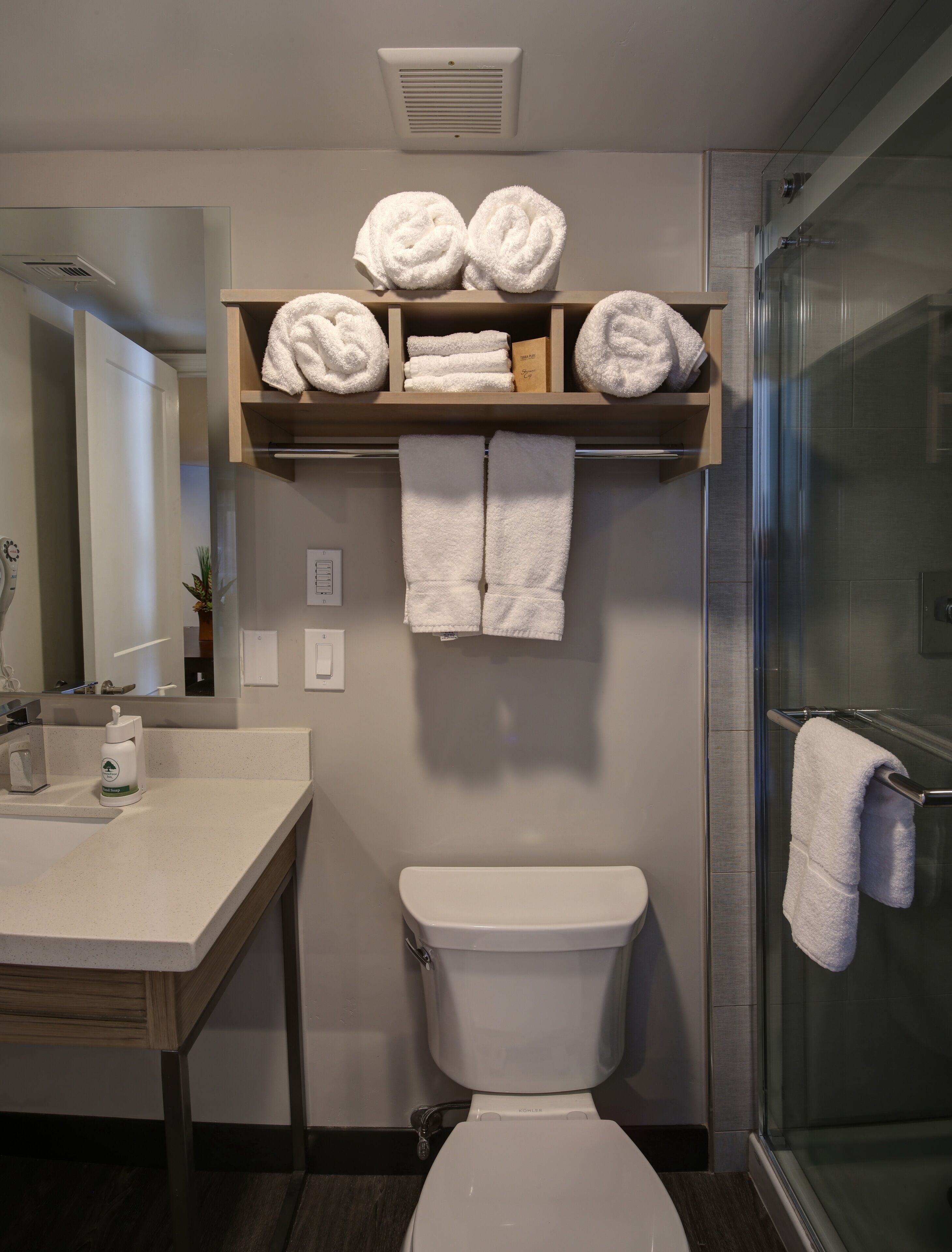 shower, free toiletries, hair dryer, towels