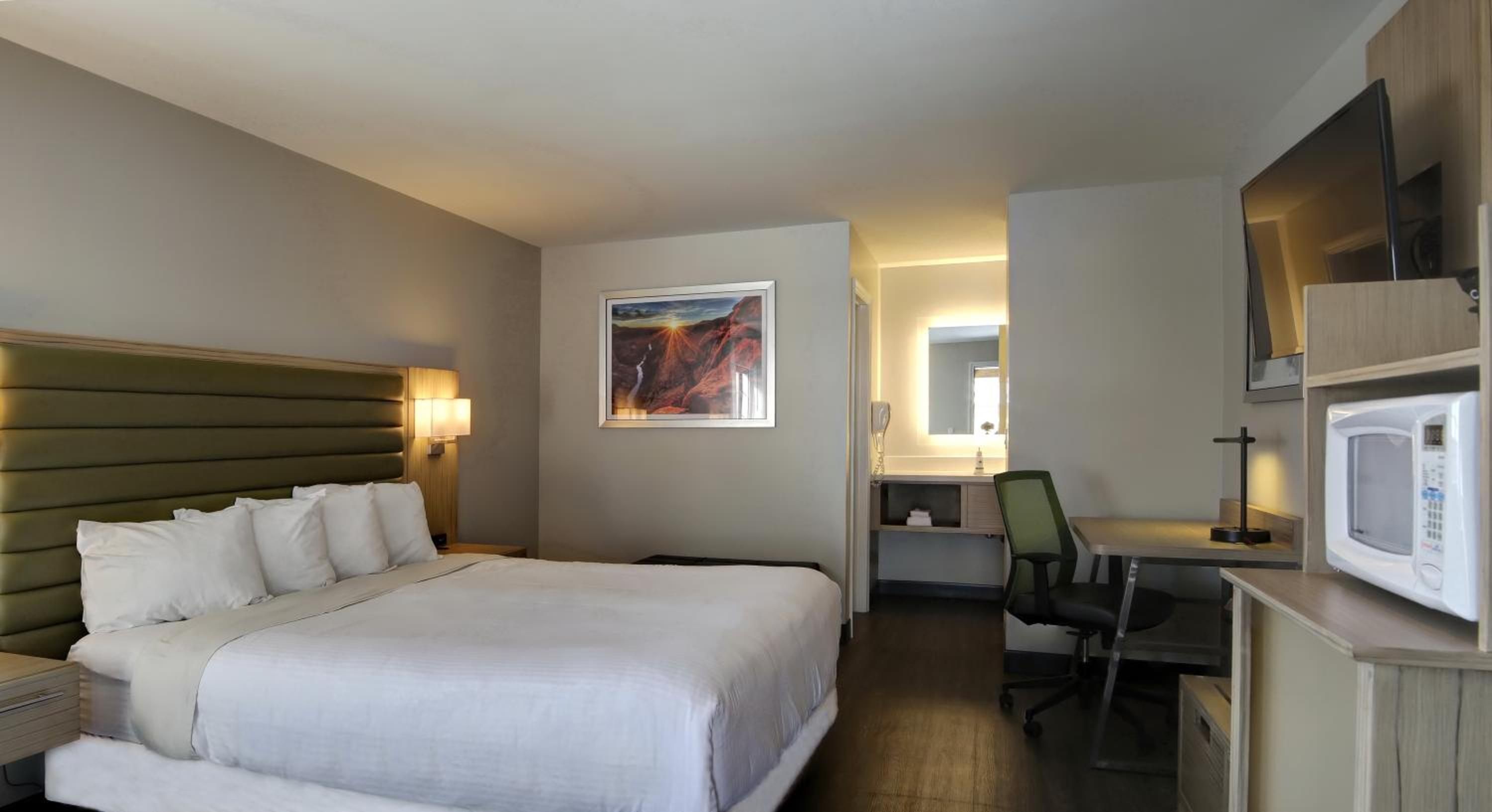 A hotel room with a large bed, a desk with a chair, a microwave, and a TV.