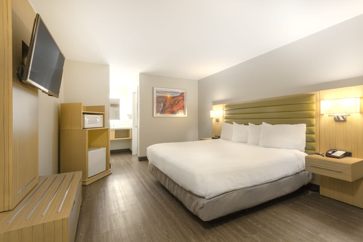 A hotel room with a large bed, bedside tables, a flat-screen TV mounted on the wall, a microwave, a small refrigerator, and a painting on the wall.