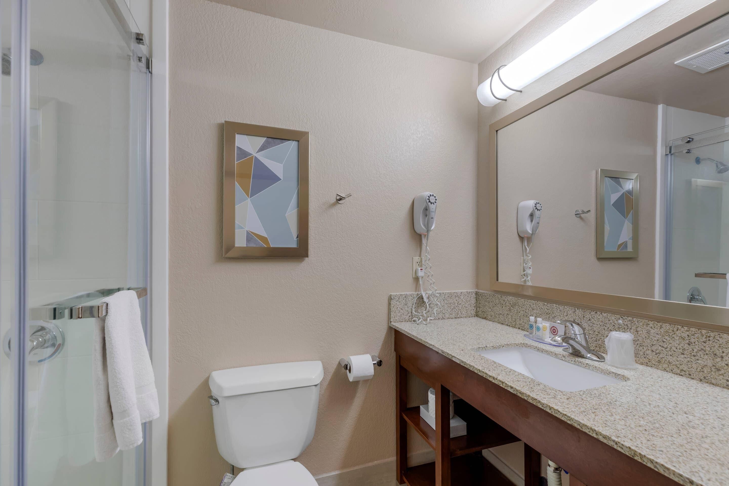A bathroom with a glass shower enclosure, a toilet, a sink with a mirror, and a towel rack.