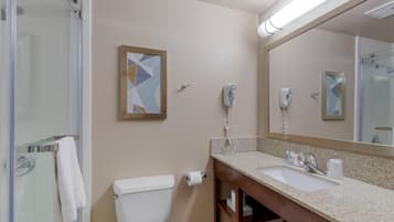 A bathroom with a glass shower enclosure, a toilet, a sink with a mirror, and a towel rack.