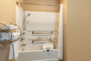 Combined shower/bathtub, hair dryer, towels, soap