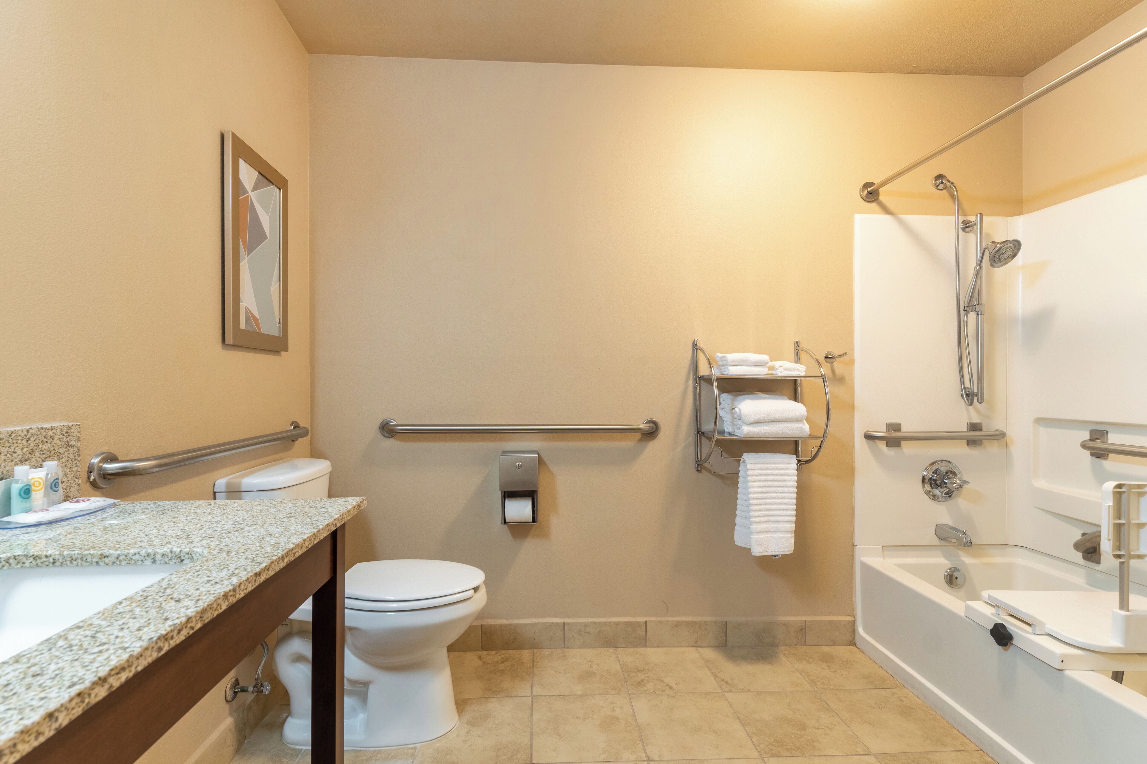Baño con inodoro, lavamanos y bañera. Cuenta con un pasamanos, un perchero y un cabezal de ducha.