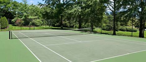 Una cancha de tenis con red, rodeada de árboles y vegetación.
