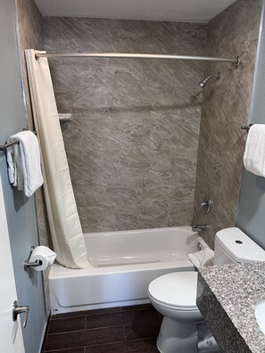 Combined shower/tub, free toiletries, towels