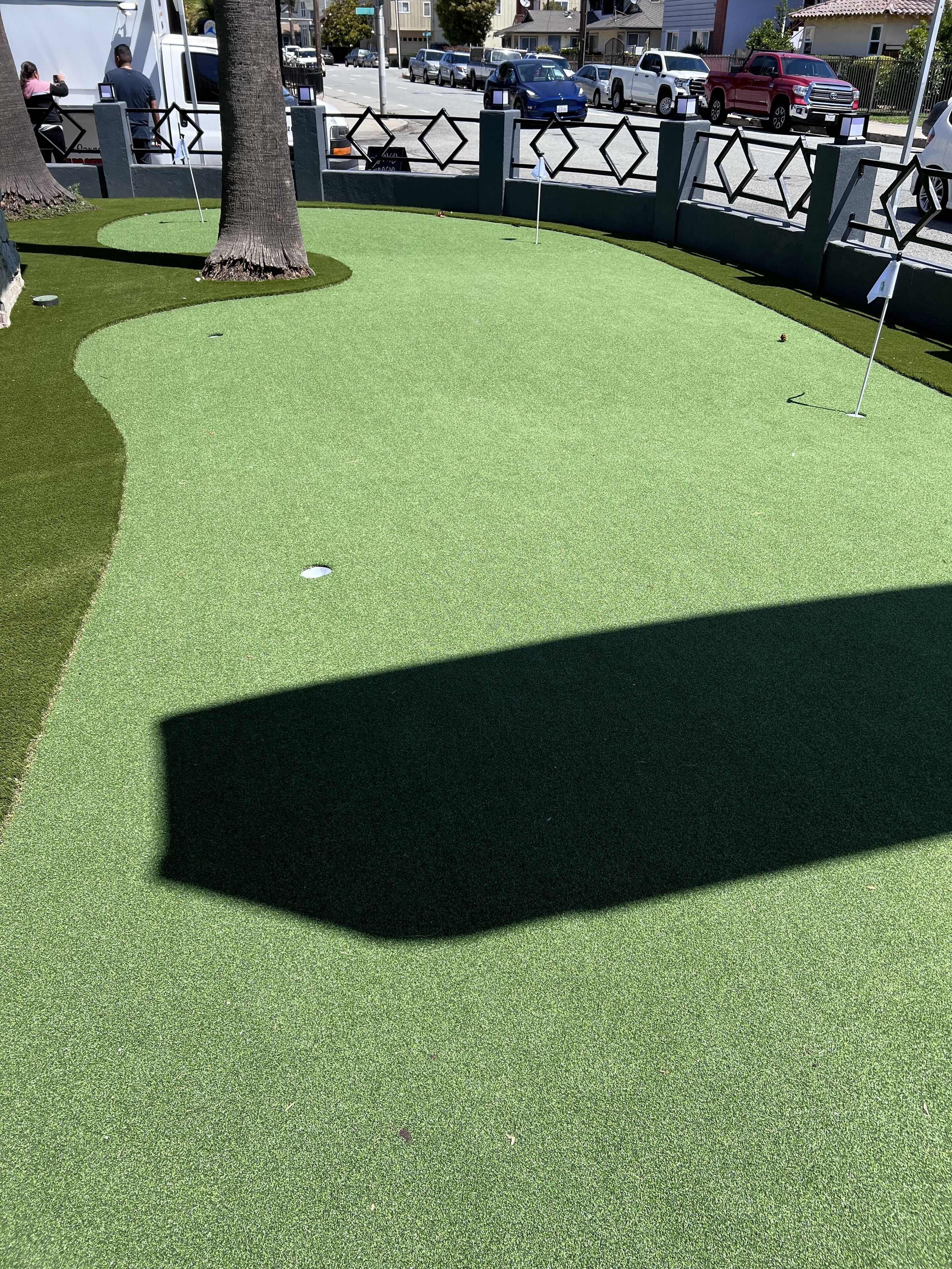 A golf course with a well-maintained green, a flagstick, and a shadow of a person.