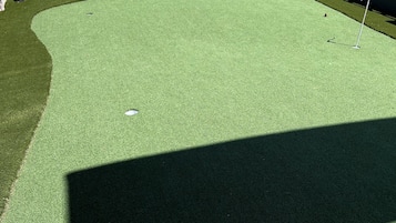 A golf course with a well-maintained green, a flagstick, and a shadow of a person.