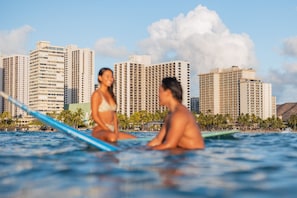 On the beach, beach towels, snorkeling, surfing