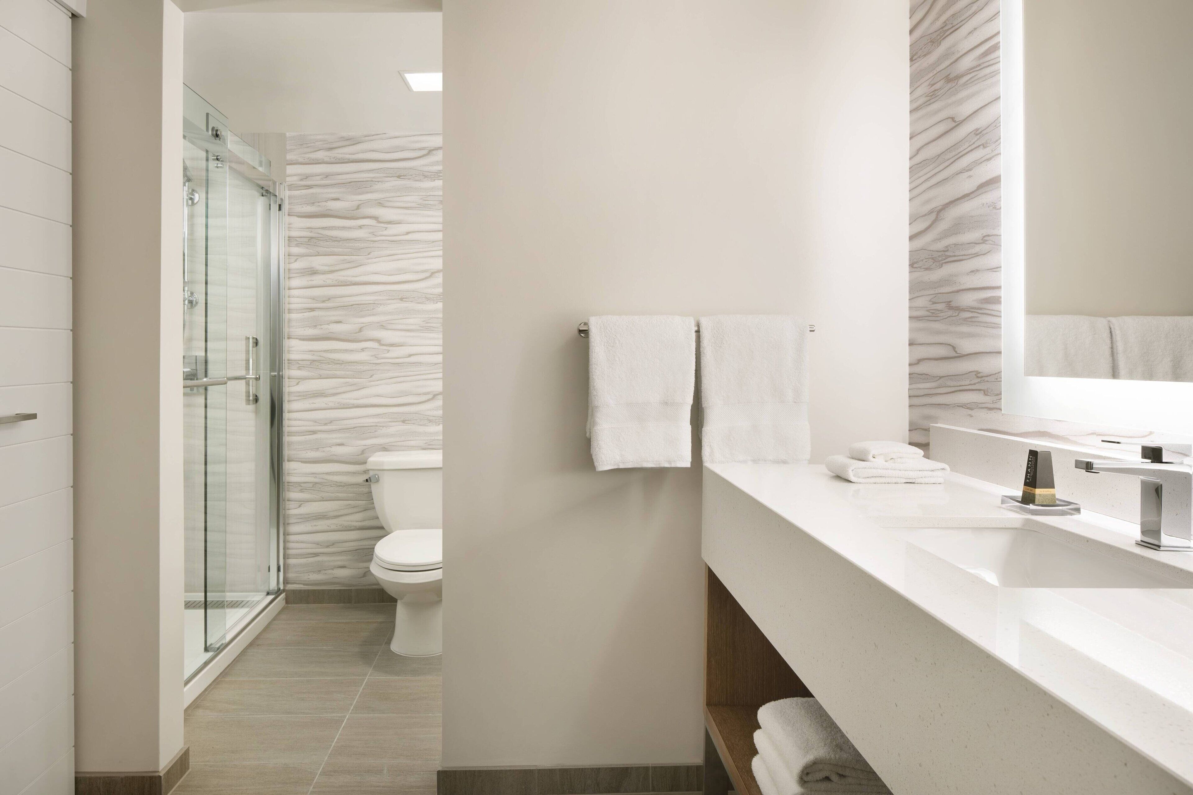 A modern bathroom with a glass shower enclosure, a white toilet, and a large mirror above a white sink with a towel rack.