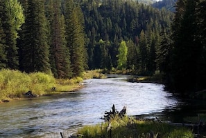 A river flowing through a forested area with dense trees on both sides. - Days Inn by Wyndham Lolo / Missoula Area (Lolo)