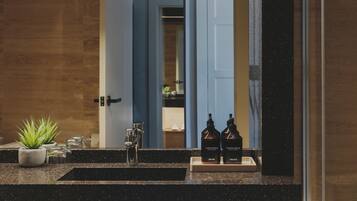 A bathroom with a sink, two bottles of Catalonia body milk and rand wash, a potted plant, and a mirror reflecting a door and a shelf with toiletries.